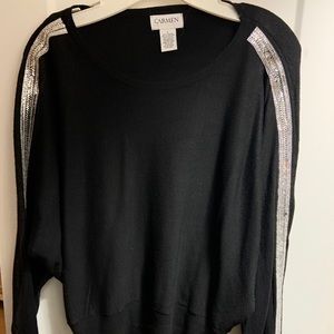 Black sweater with rhinestone stripe on sleeves